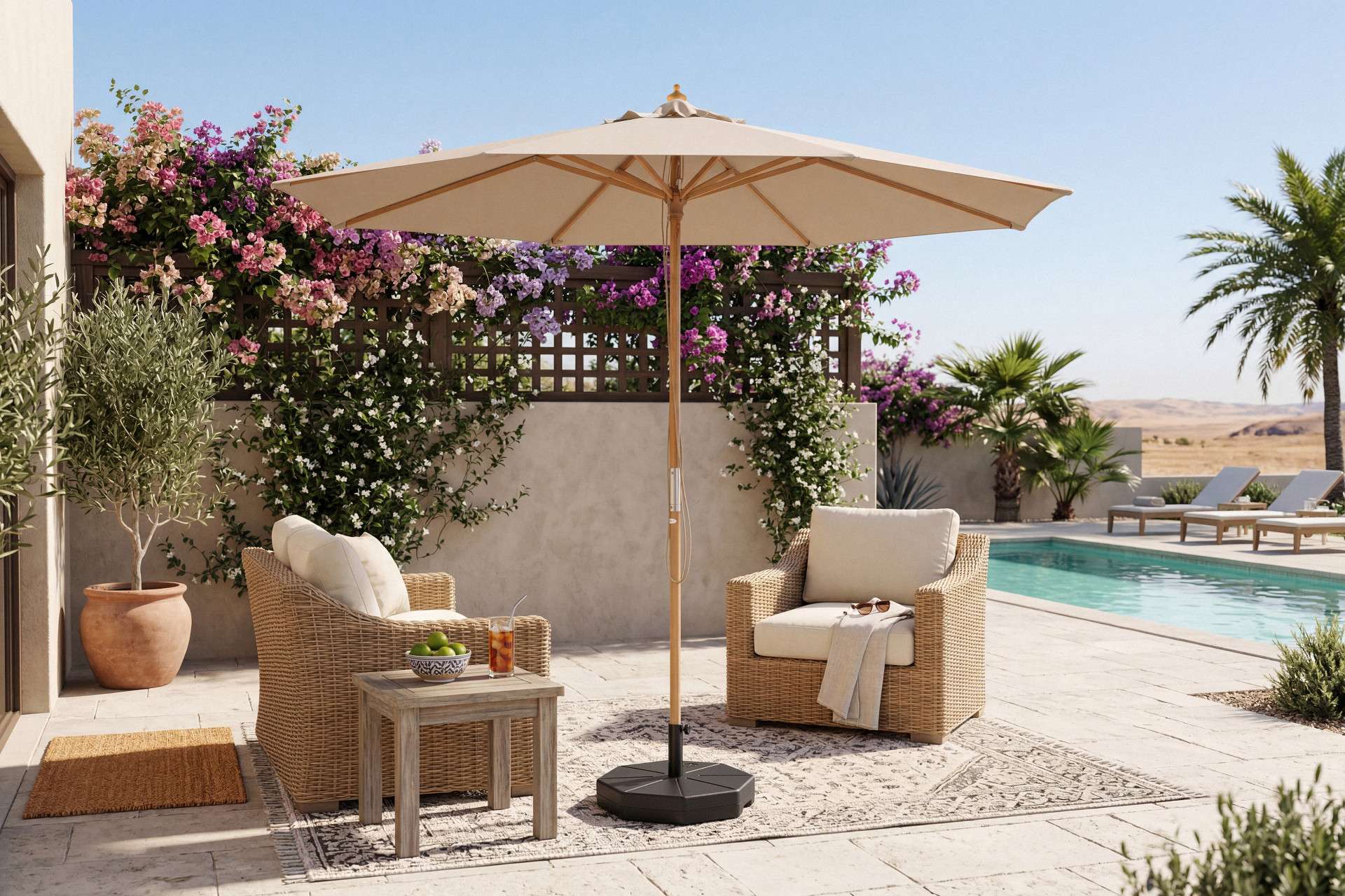 Feel Furniture Eikenhouten Parasol bij zwembad
